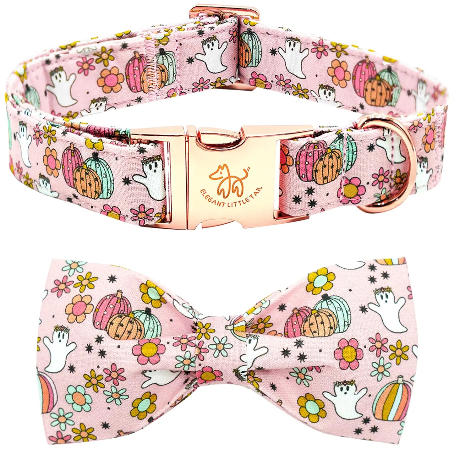 Elegant little tail Fall Dog Collar Halloween Dog Collar Pet Collar Flower with Pumpkin Dog Pet Collar with Bowtie Cotton Girls Boys Adjustable Dog Collar for Large Dogs