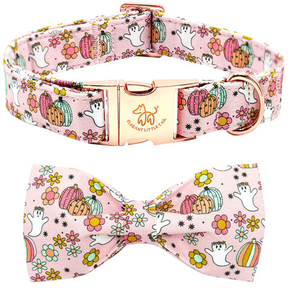 Elegant little tail Fall Dog Collar Halloween Dog Collar Pet Collar Flower with Pumpkin Dog Pet Collar with Bowtie Cotton Girls Boys Adjustable Dog Collar for Large Dogs